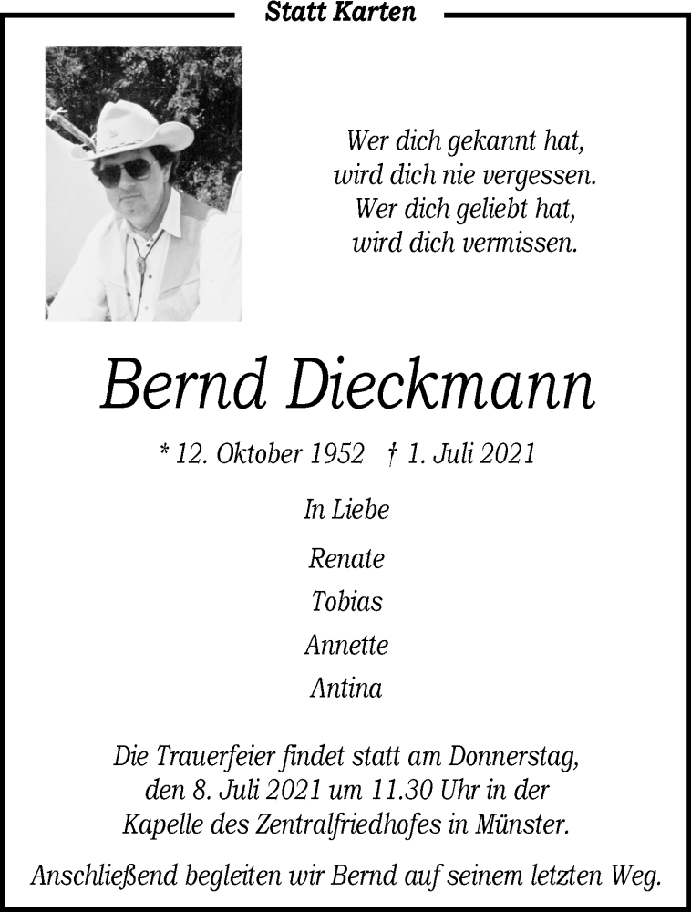  Traueranzeige für Bernd Dieckmann vom 03.07.2021 aus 
