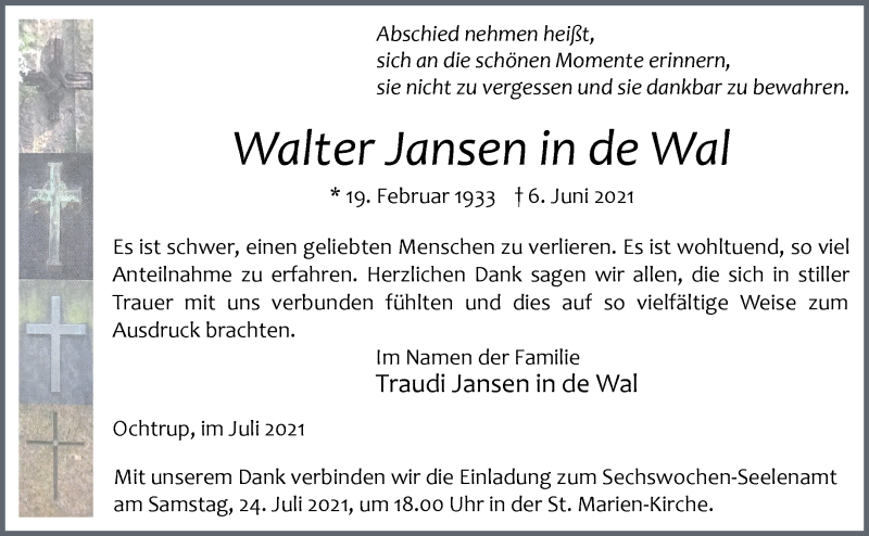  Traueranzeige für Walter Jansen in de Wal vom 21.07.2021 aus 