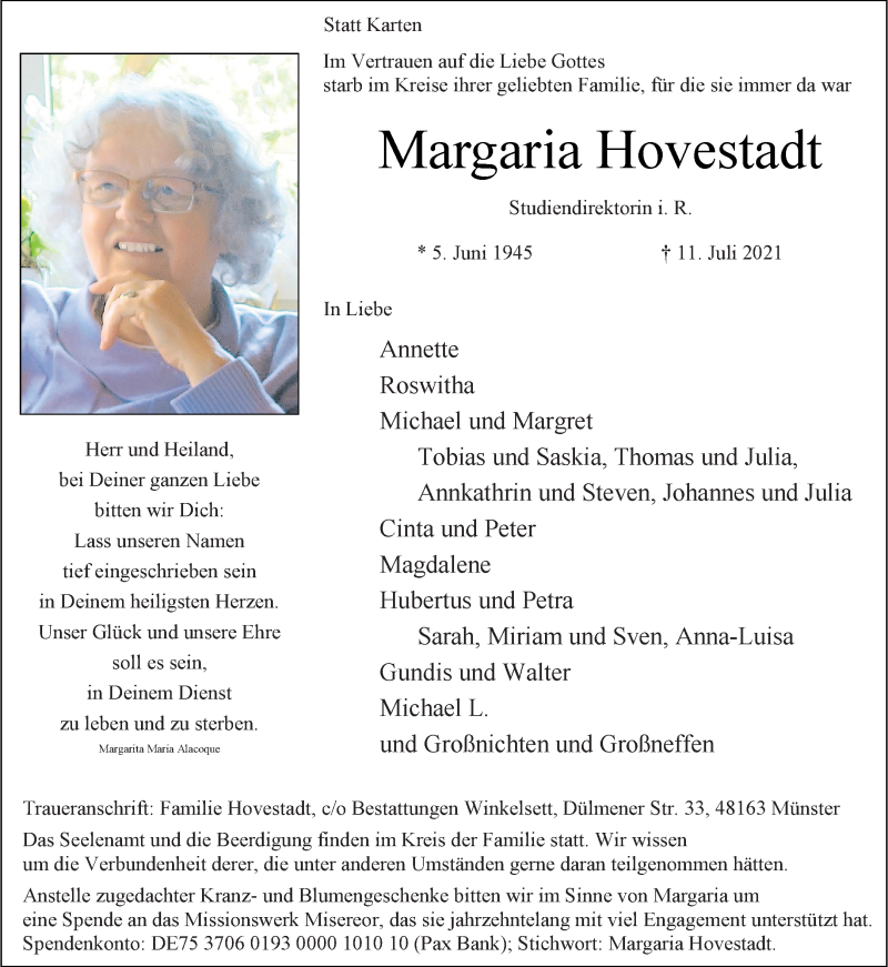 Traueranzeige für Margaria Hovestadt vom 14.07.2021 aus 
