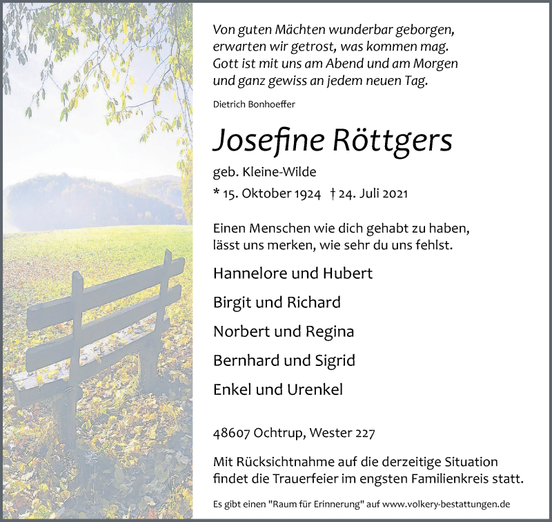  Traueranzeige für Josefine Röttgers vom 28.07.2021 aus 