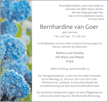 Anzeige von Bernhardine van Goer 