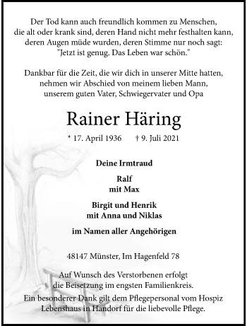Anzeige von Rainer Häring 