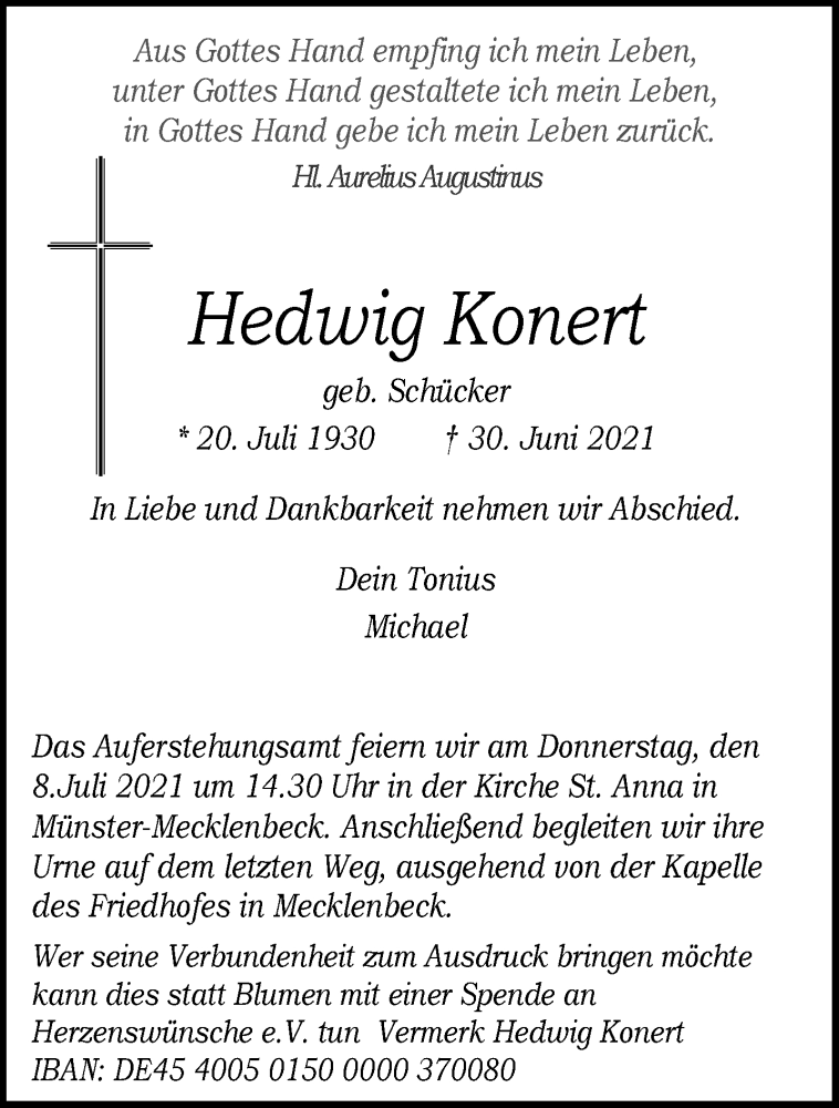  Traueranzeige für Hedwig Konert vom 03.07.2021 aus 