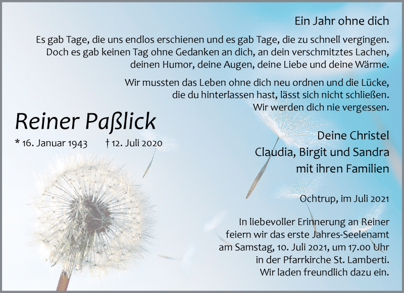  Traueranzeige für Reiner Paßlick vom 06.07.2021 aus 
