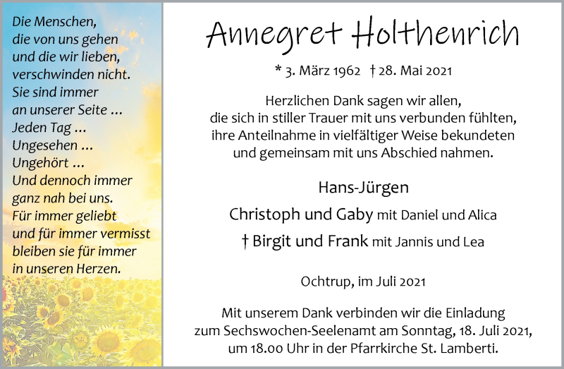  Traueranzeige für Annegret Holthenrich vom 14.07.2021 aus 