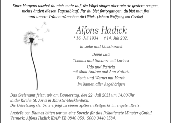 Anzeige von Alfons Hadick 