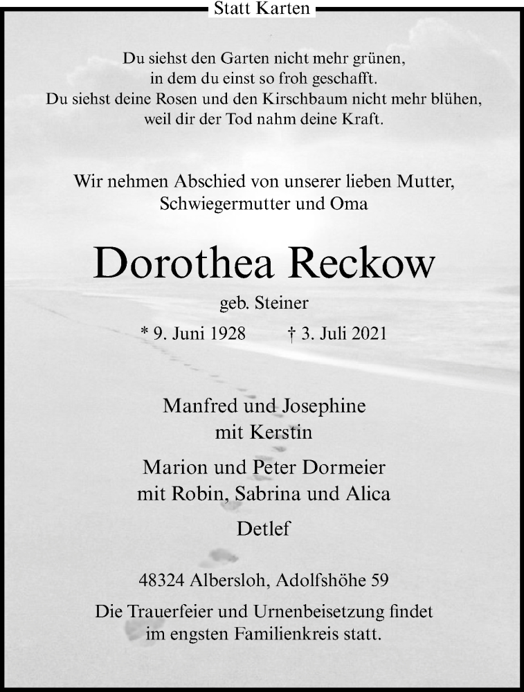  Traueranzeige für Dorothea Reckow vom 07.07.2021 aus 