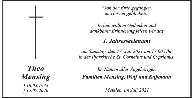  Traueranzeige für Theo Mensing vom 15.07.2021 aus 