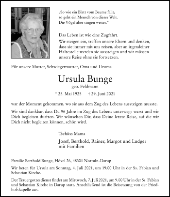 Anzeige von Ursula Bunge 