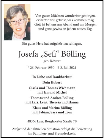 Anzeige von Josefa Bölling 