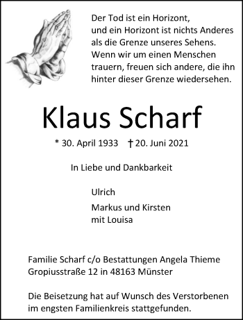 Anzeige von Klaus Scharf 