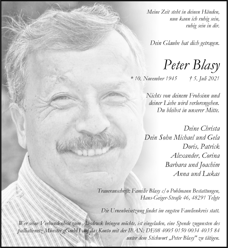  Traueranzeige für Peter Blasy vom 14.07.2021 aus 