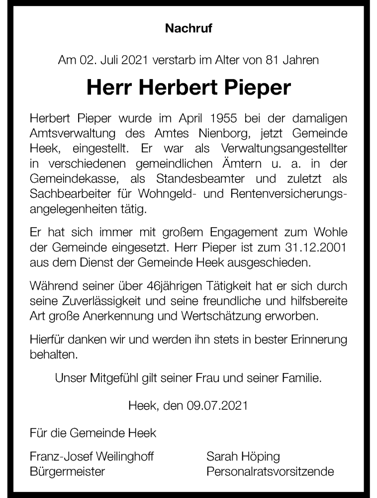  Traueranzeige für Herbert Pieper vom 12.07.2021 aus 