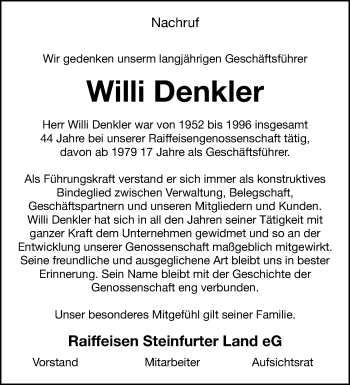 Anzeige von Wilhelm Denkler 