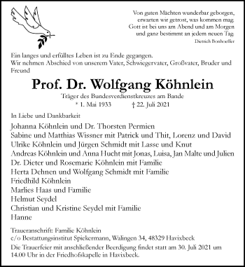 Anzeige von Wolfgang Köhnlein 