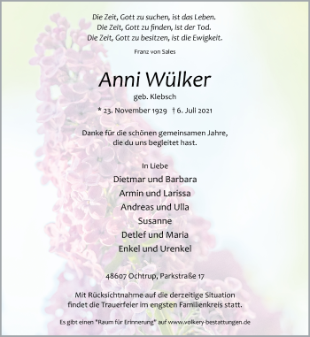 Anzeige von Anni Wülker 