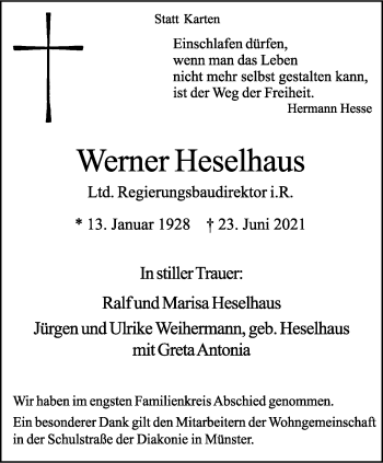 Anzeige von Werner Heselhaus 