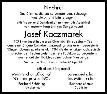 Anzeige von Josef Kaczmarek 