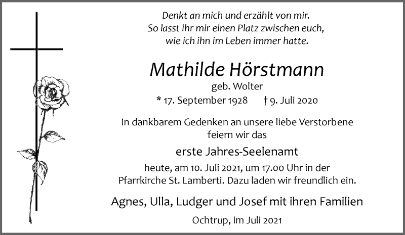  Traueranzeige für Mathilde Hörstmann vom 10.07.2021 aus 