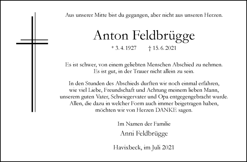  Traueranzeige für Anton Feldbrügge vom 31.07.2021 aus 