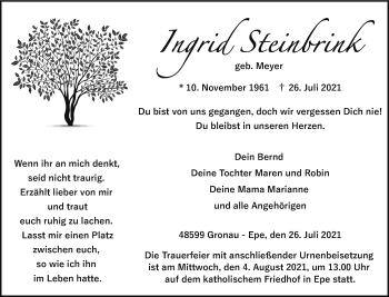 Anzeige von Ingrid Steinbrink 