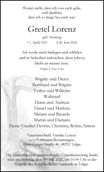 Anzeige von Gretel Lorenz 