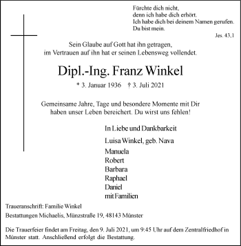 Anzeige von Franz Winkel 