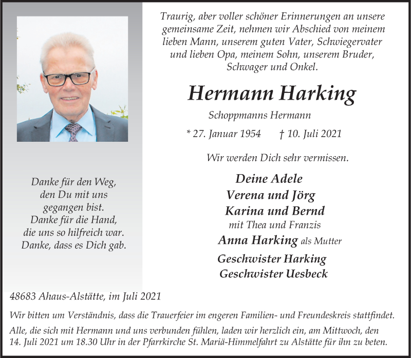  Traueranzeige für Hermann Harking vom 13.07.2021 aus 