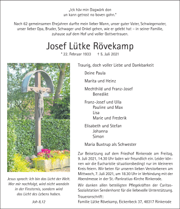 Anzeige von Josef Lütke Rövekamp 