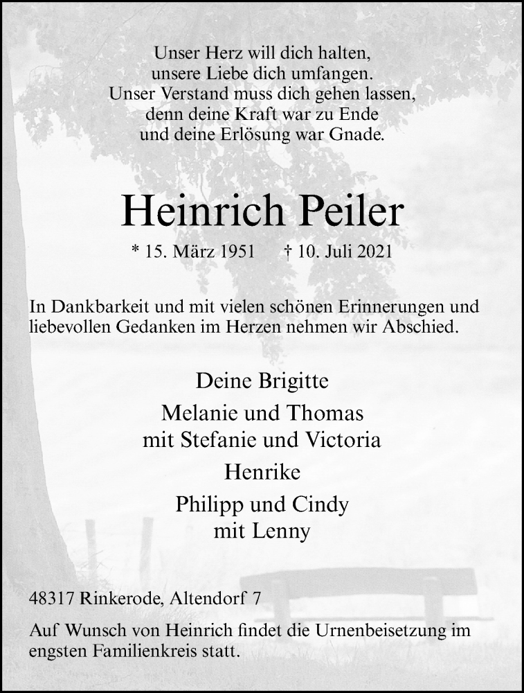  Traueranzeige für Heinrich Peiler vom 17.07.2021 aus 