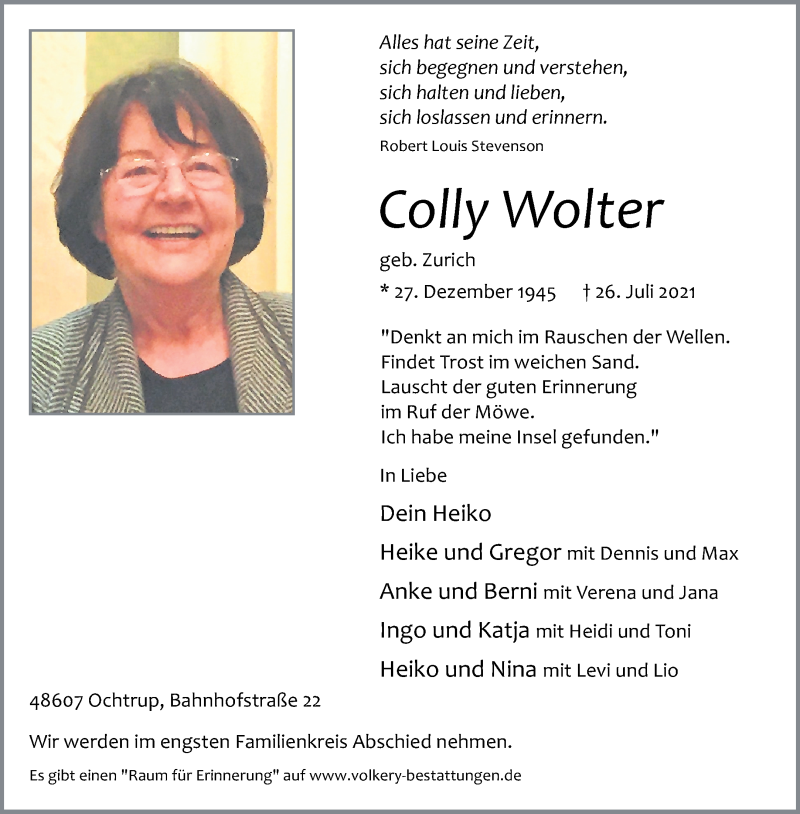  Traueranzeige für Colly Wolter vom 29.07.2021 aus 