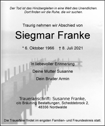 Anzeige von Siegmar Franke 