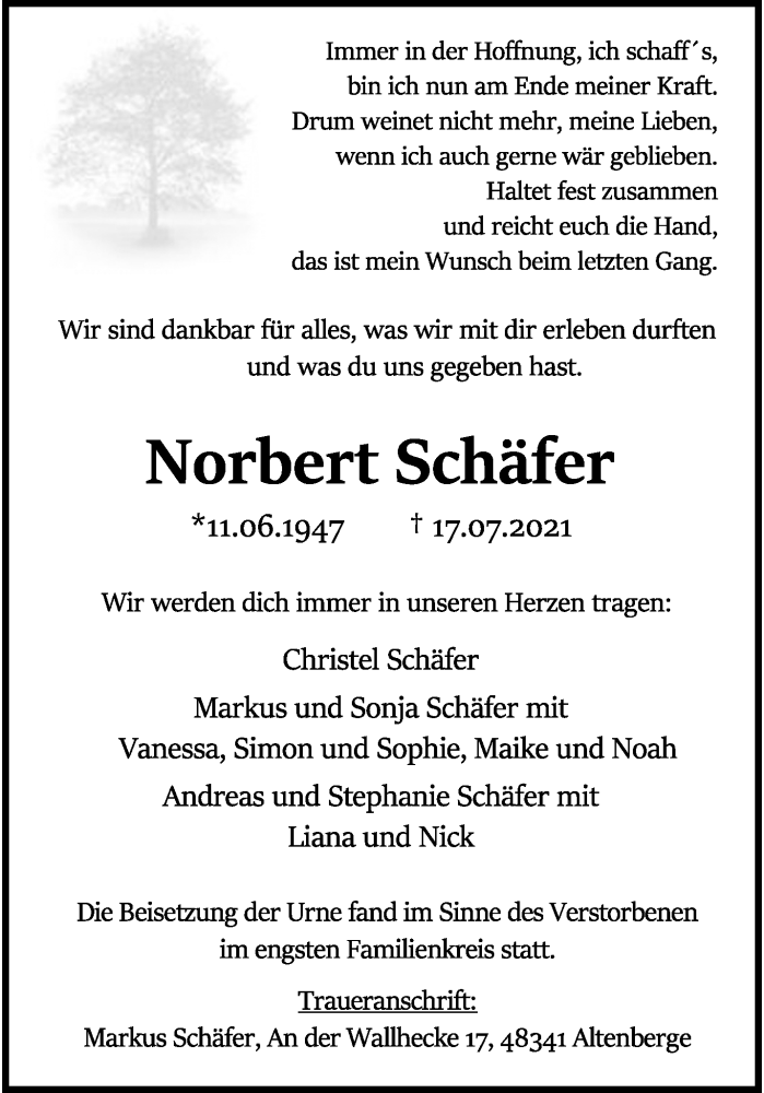  Traueranzeige für Norbert Schäfer vom 31.07.2021 aus 