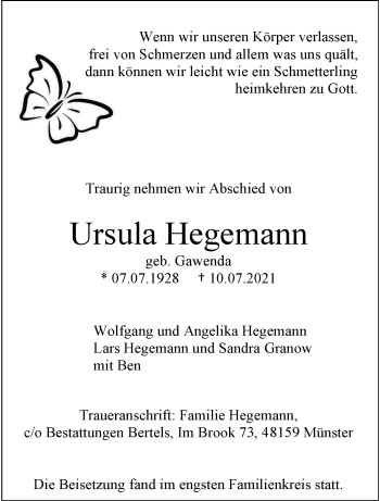 Anzeige von Ursula Hegemann 