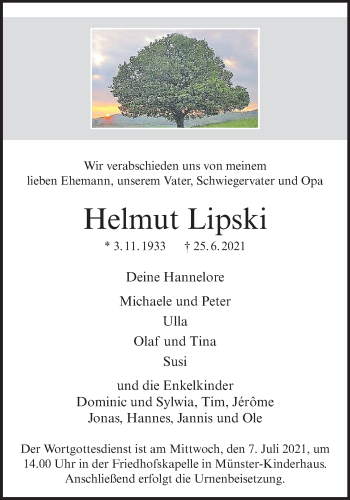 Anzeige von Helmut Lipski 