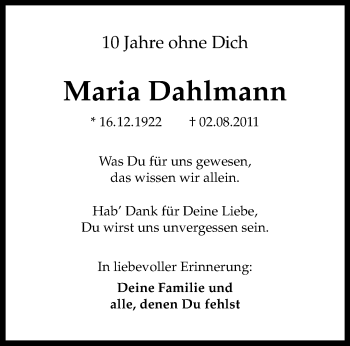 Anzeige von Maria Dahlmann 