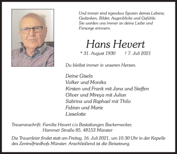 Anzeige von Hans Hevert 