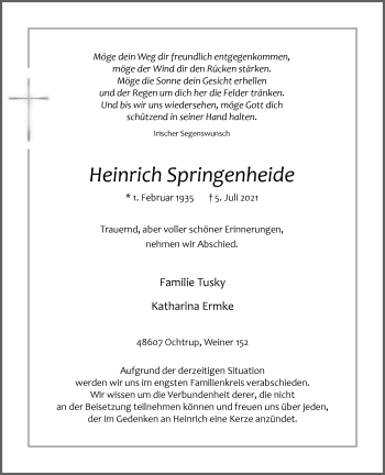 Anzeige von Heinrich Springheide 