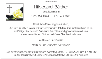 Anzeige von Hildegard Bäcker 