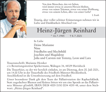 Anzeige von Heinz-Jürgen Reinhard 