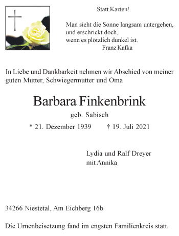 Anzeige von Barbara Finkenbrink 