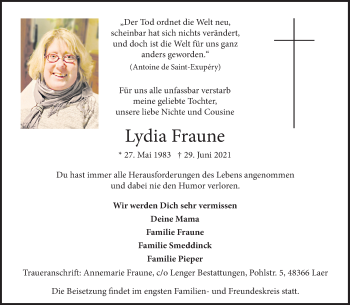 Anzeige von Lydia Fraune 