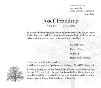 Anzeige von Josef Frandrup 