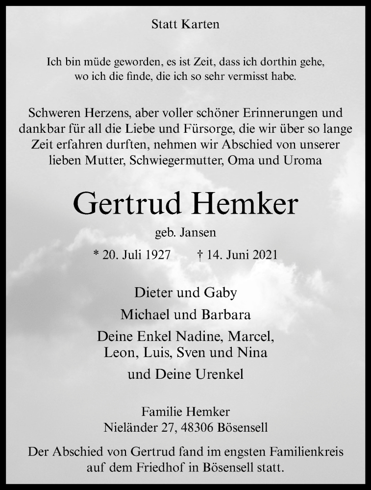  Traueranzeige für Gertrud Hemker vom 03.07.2021 aus 