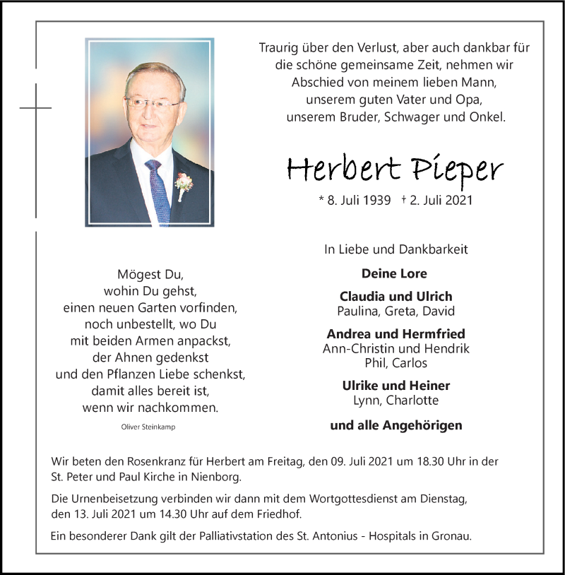  Traueranzeige für Herbert Pieper vom 07.07.2021 aus 
