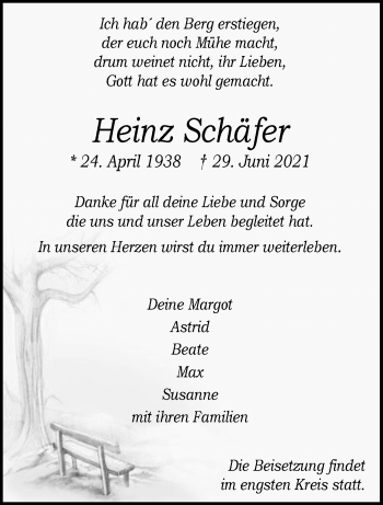 Anzeige von Heinz Schäfer 