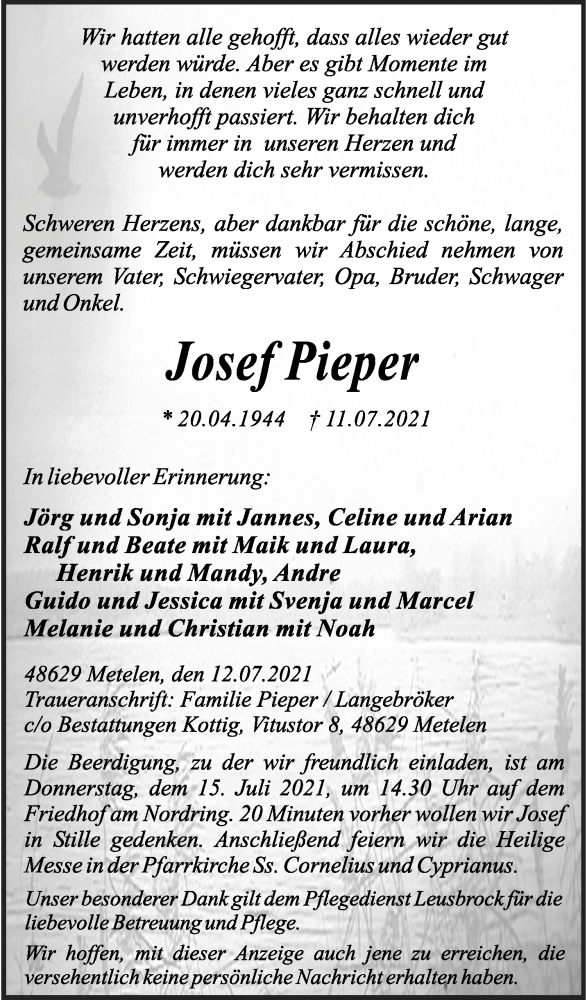  Traueranzeige für Josef Pieper vom 14.07.2021 aus 