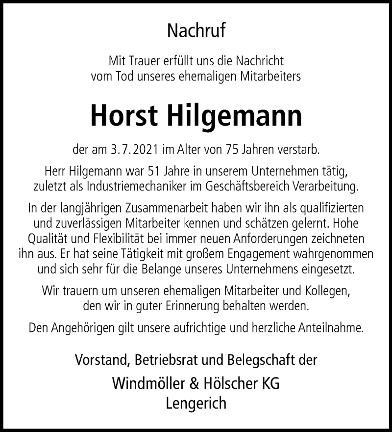  Traueranzeige für Horst Hilgemann vom 27.07.2021 aus 