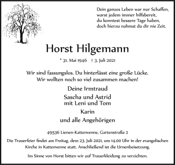 Anzeige von Horst Hilgemann 