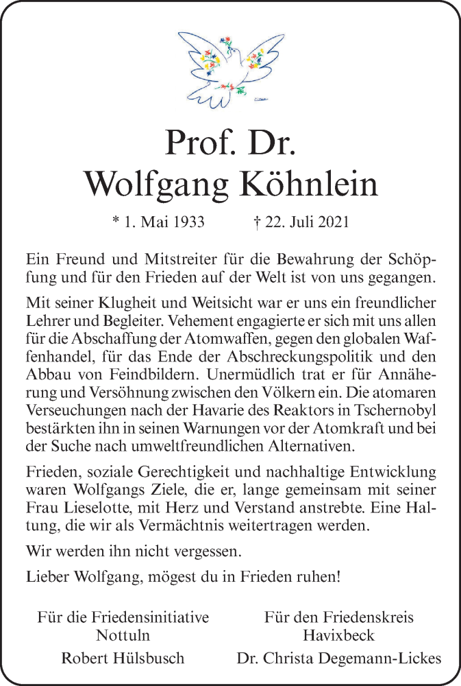  Traueranzeige für Wolfgang Köhnlein vom 31.07.2021 aus 